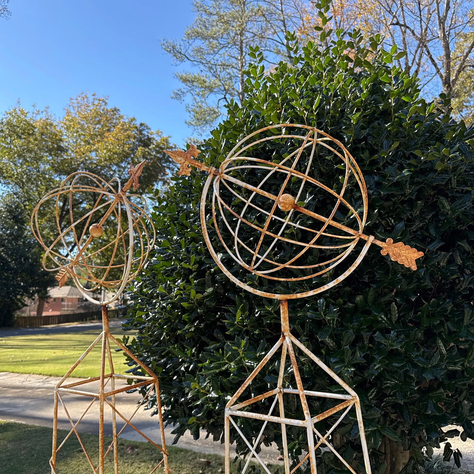 Vintage French Style White Trellis With Spinning Orb and Arrow Garden Statues - a Pair - 5