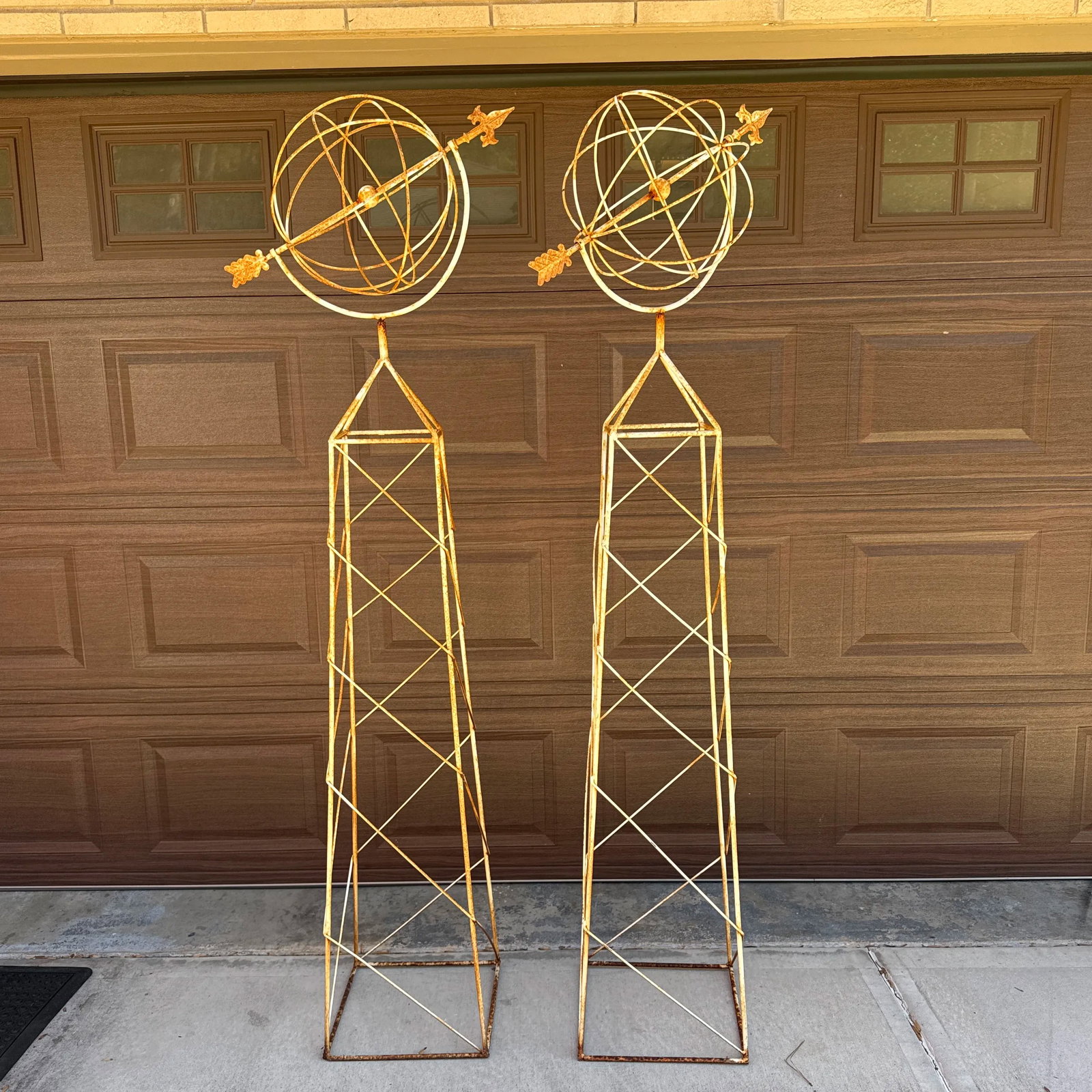Vintage French Style White Trellis With Spinning Orb and Arrow Garden Statues - a Pair - 9