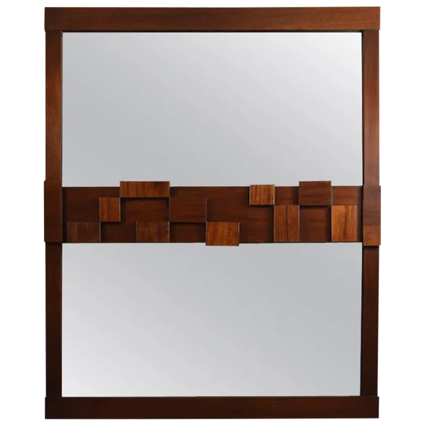 Large Lane Mosaic Pattern Brutalist Mirror: Wood frame with dimensional block decorative motif. Manufactured by Lane Furniture Company, can be hung vertically or horizontally. Condition: Alterations: Unknown Imperfections: Some Imperfections