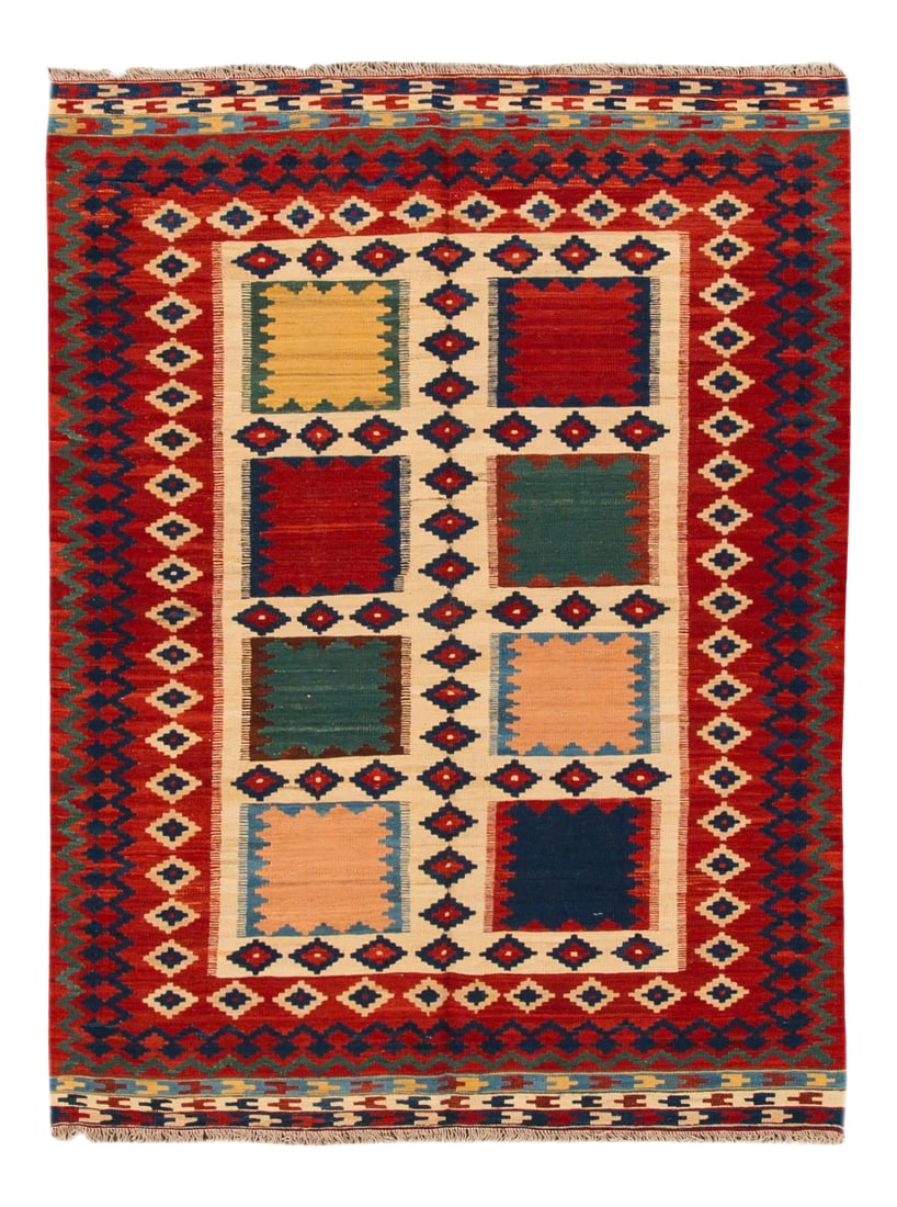 Beige Modern Kilim Flatweave Wool Rug With Geometric Pattern: Modern hand-knotted kilim rug with a geometric motif. This piece has great detailing and a beautiful design. It would be the perfect addition to your home. This rug measures 5'1" X 6'9". Condition: