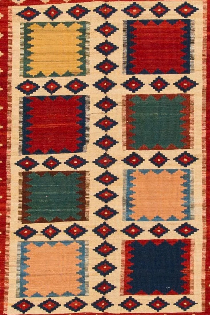 Beige Modern Kilim Flatweave Wool Rug With Geometric Pattern - 4
