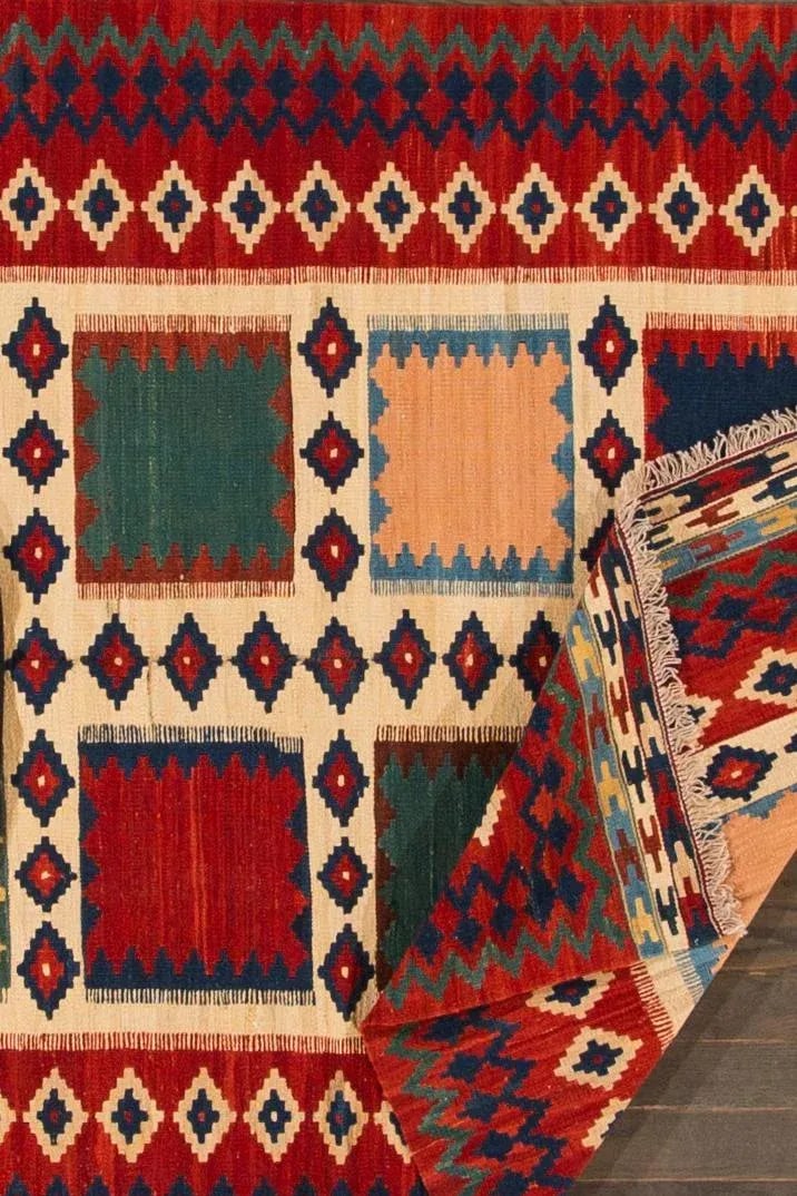 Beige Modern Kilim Flatweave Wool Rug With Geometric Pattern - 5