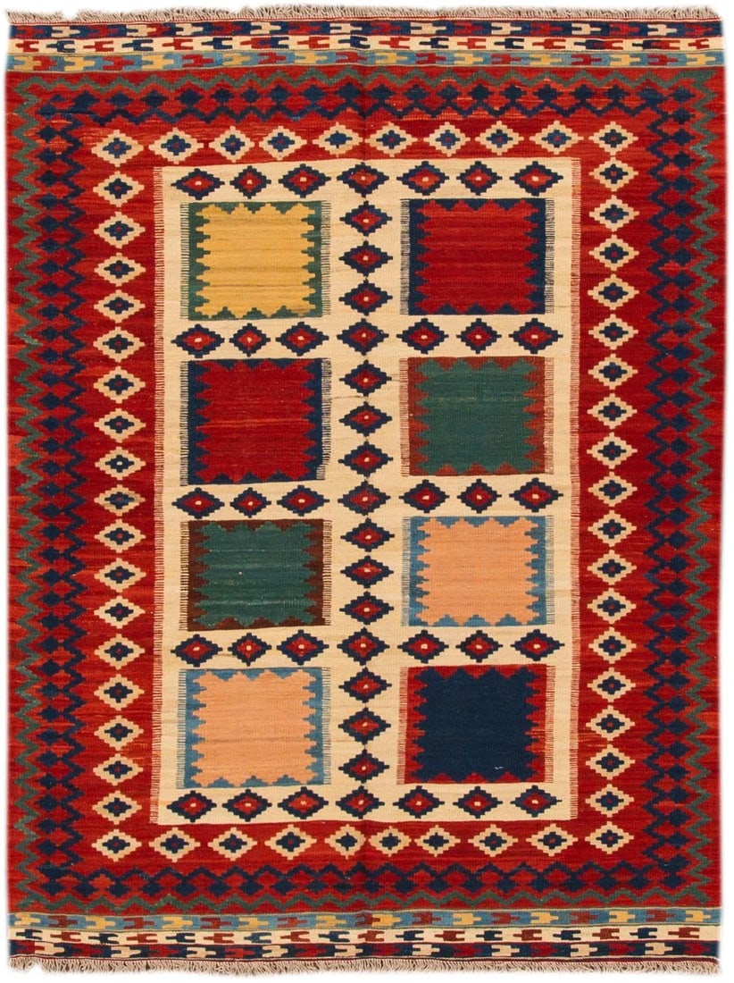 Beige Modern Kilim Flatweave Wool Rug With Geometric Pattern - 7