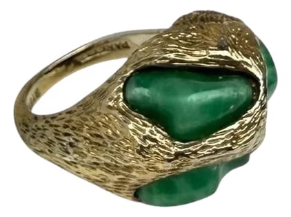 Brutalist Sterling Panetta Faux Jade Ring, Size 5.25: A vintage Brutalist-style Ring. Textured sterling with gold vermeil finish. Marked Panetta Sterling 1960-1970's Approximately 1" long x .75" wide x .5" deep The ring is a size 5-5.25. See photos.