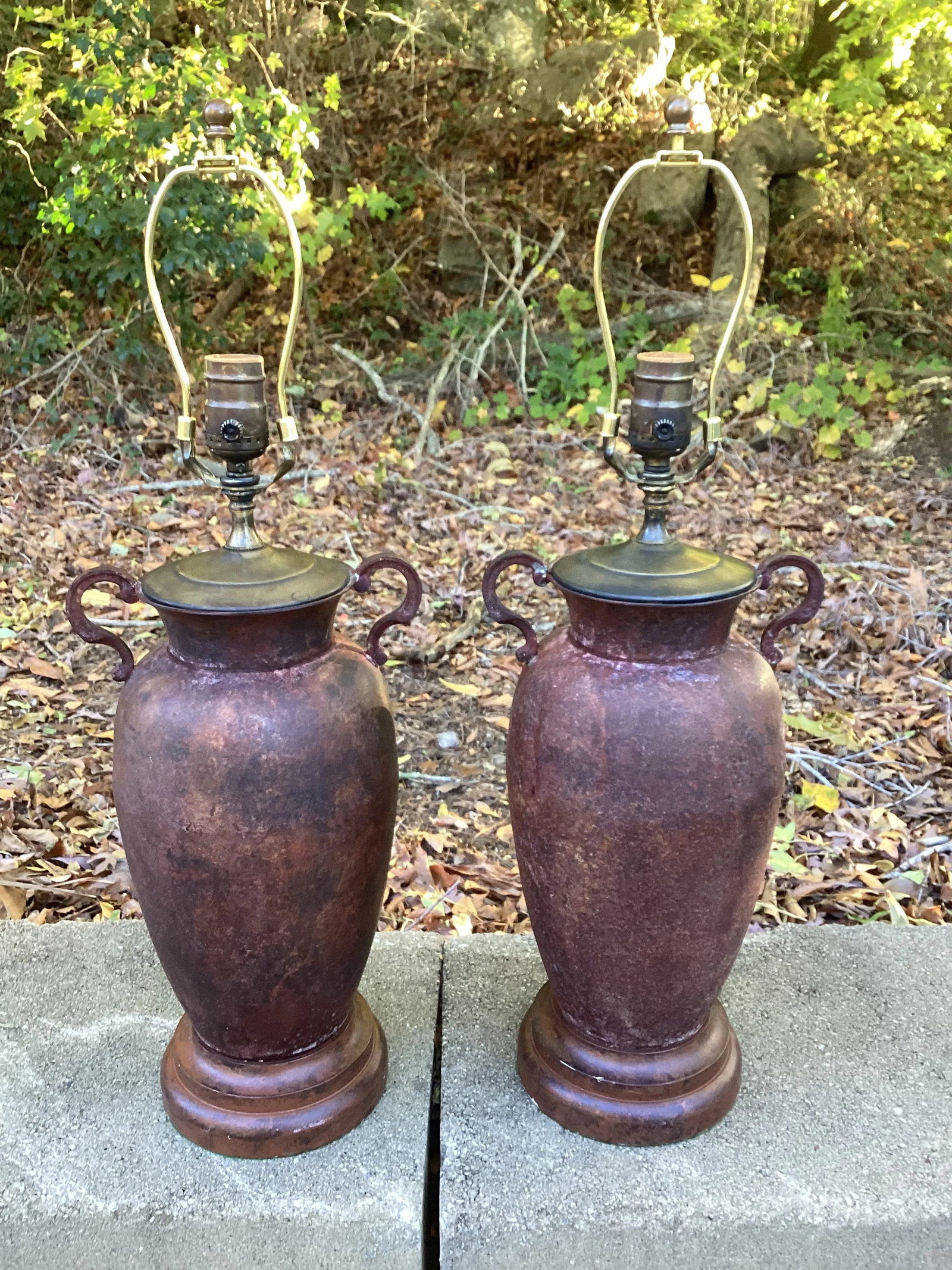 Pair of Late 20th Century Rusted Urns Mounted as Lamps With Crinkled Parchment Shades - 5