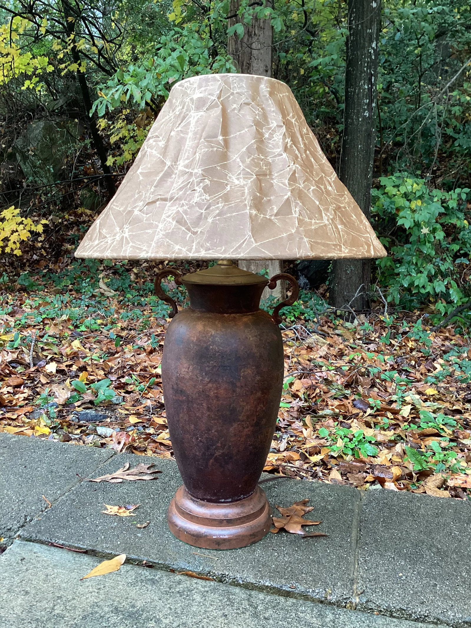 Pair of Late 20th Century Rusted Urns Mounted as Lamps With Crinkled Parchment Shades - 7