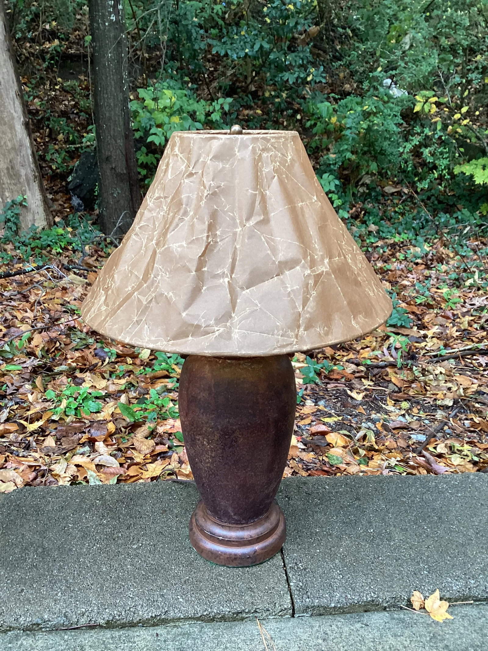 Pair of Late 20th Century Rusted Urns Mounted as Lamps With Crinkled Parchment Shades - 8