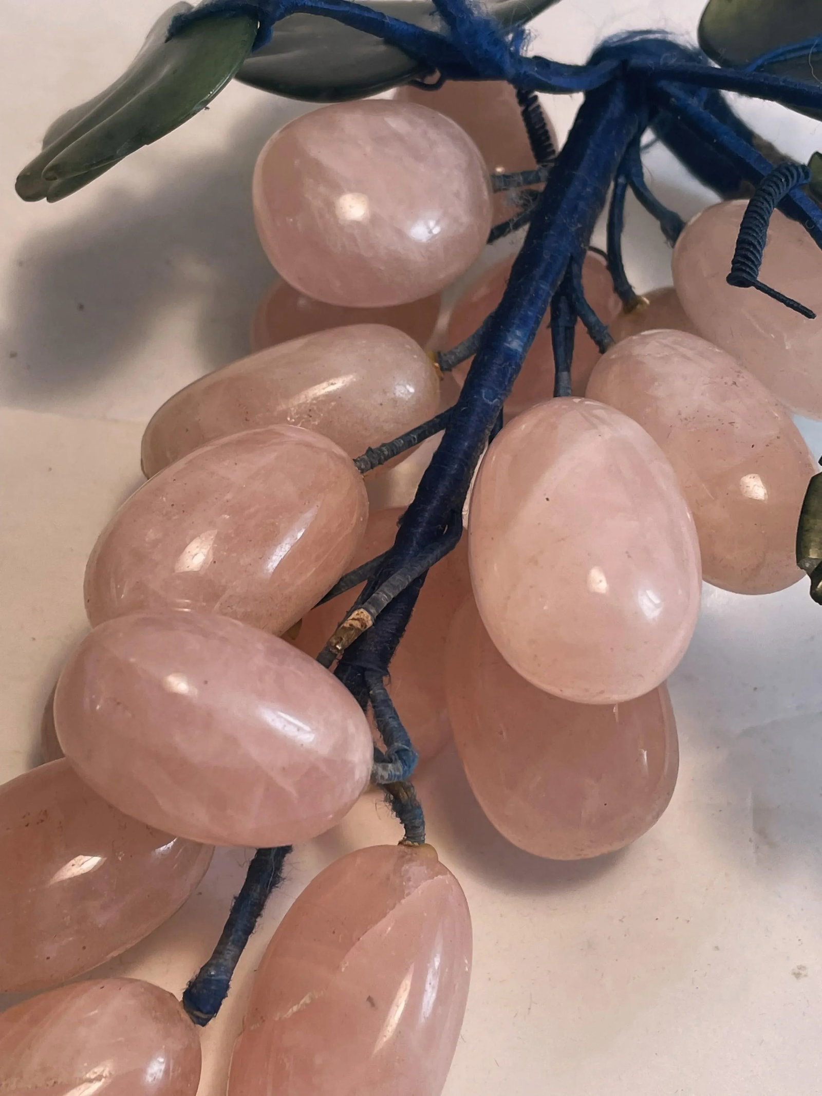 Mid 20th Century Asian Carved Rose Quartz Stone Jade Leaves Fruit Grape Bunches- a Pair - 10