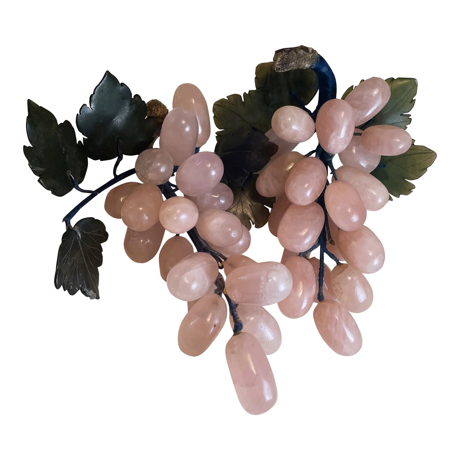 Mid 20th Century Asian Carved Rose Quartz Stone Jade Leaves Fruit Grape Bunches- a Pair: These are a lovely pair of carved rose quartz grape bunches with dark green jade leaves and wire stems that are wrapped with satin cord and have a faux wood end where the grapes would have been cut fr