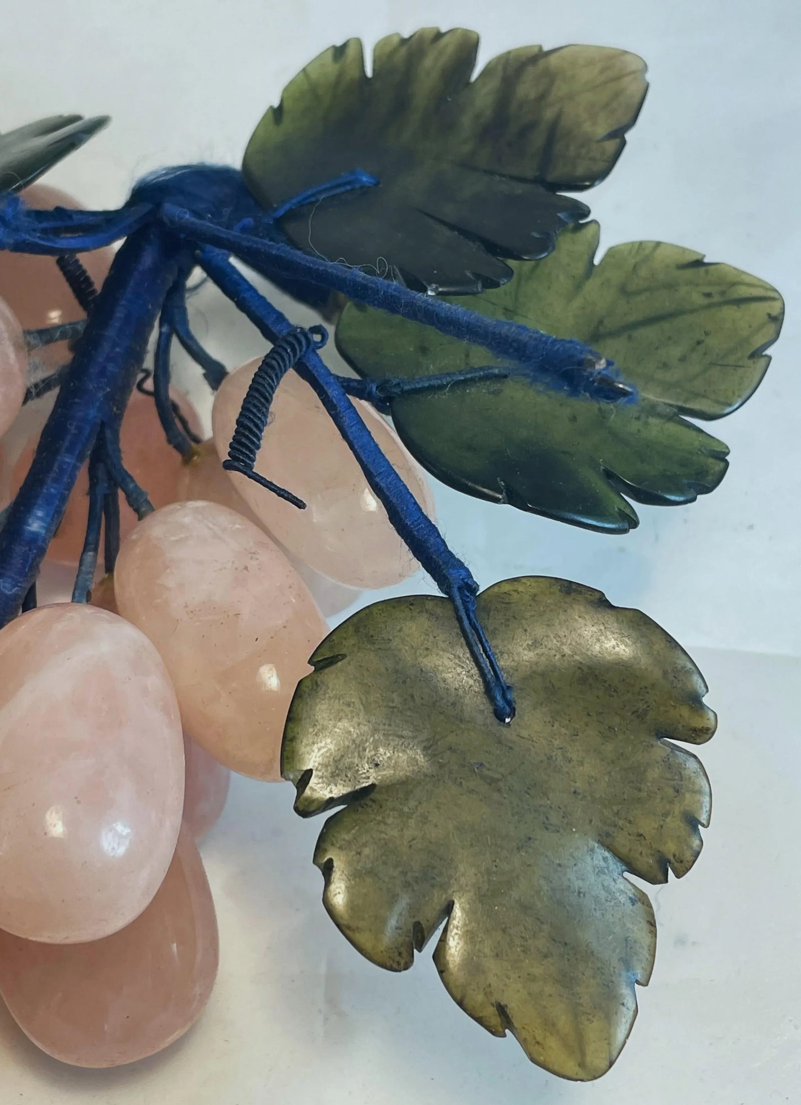 Mid 20th Century Asian Carved Rose Quartz Stone Jade Leaves Fruit Grape Bunches- a Pair - 6