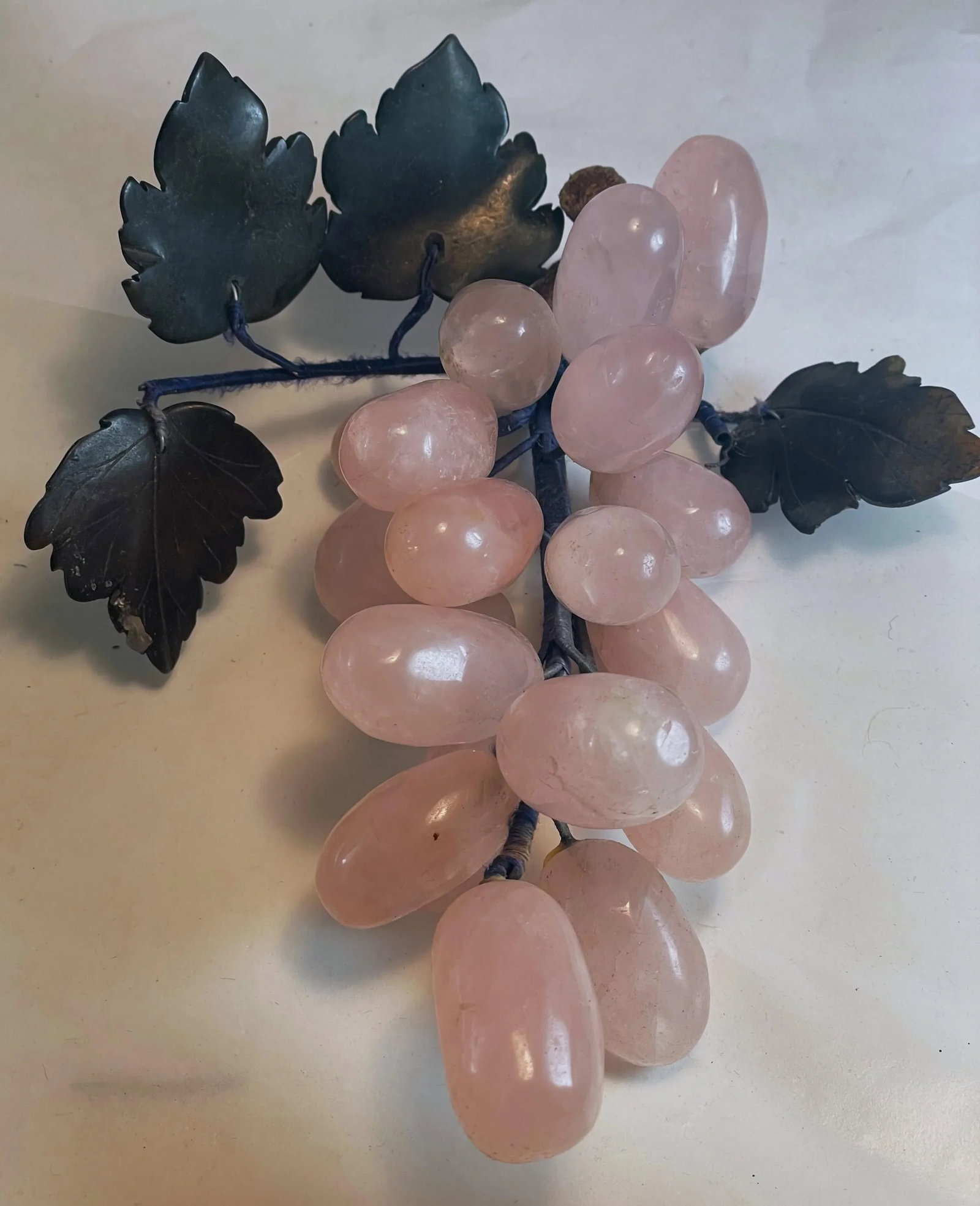 Mid 20th Century Asian Carved Rose Quartz Stone Jade Leaves Fruit Grape Bunches- a Pair - 8
