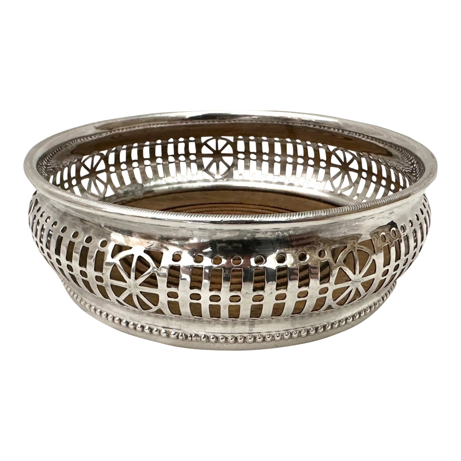 Barker Ellis English Silver Wine Coaster: Vintage Barker Ellis Silver Wine Coaster. Silver with a wood center. Perfect for special occasions or Holidays. Stamped on bottom, no silver mark, but did some testing and its definitely plated but co