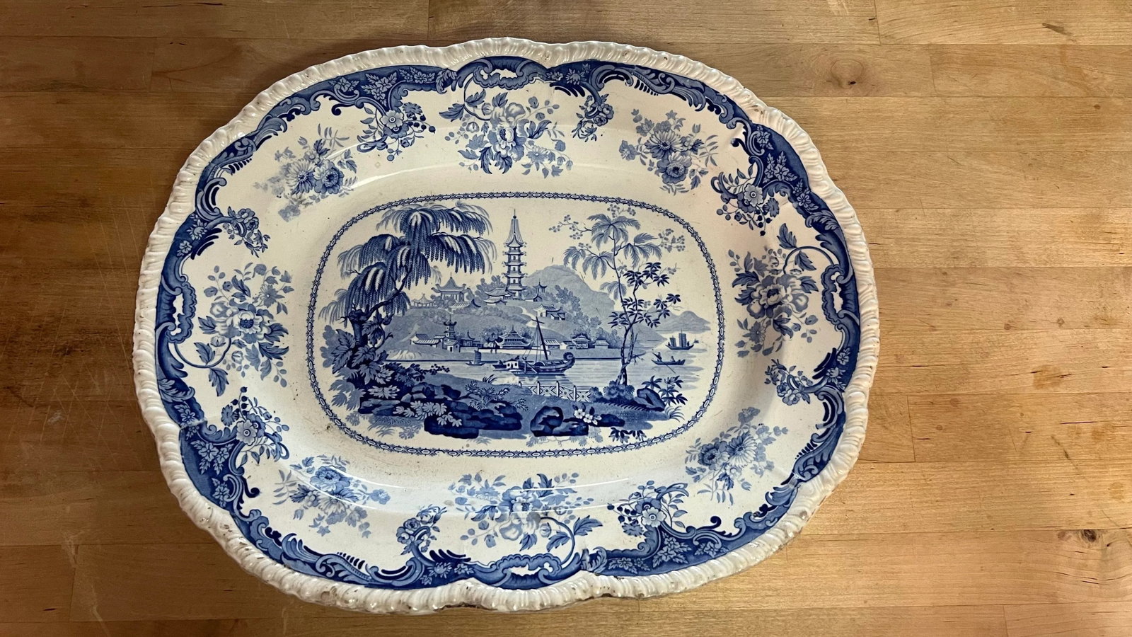 Antique English Staffordshire Blue Transfer Decorated Platter " Chinese Marine" - 2