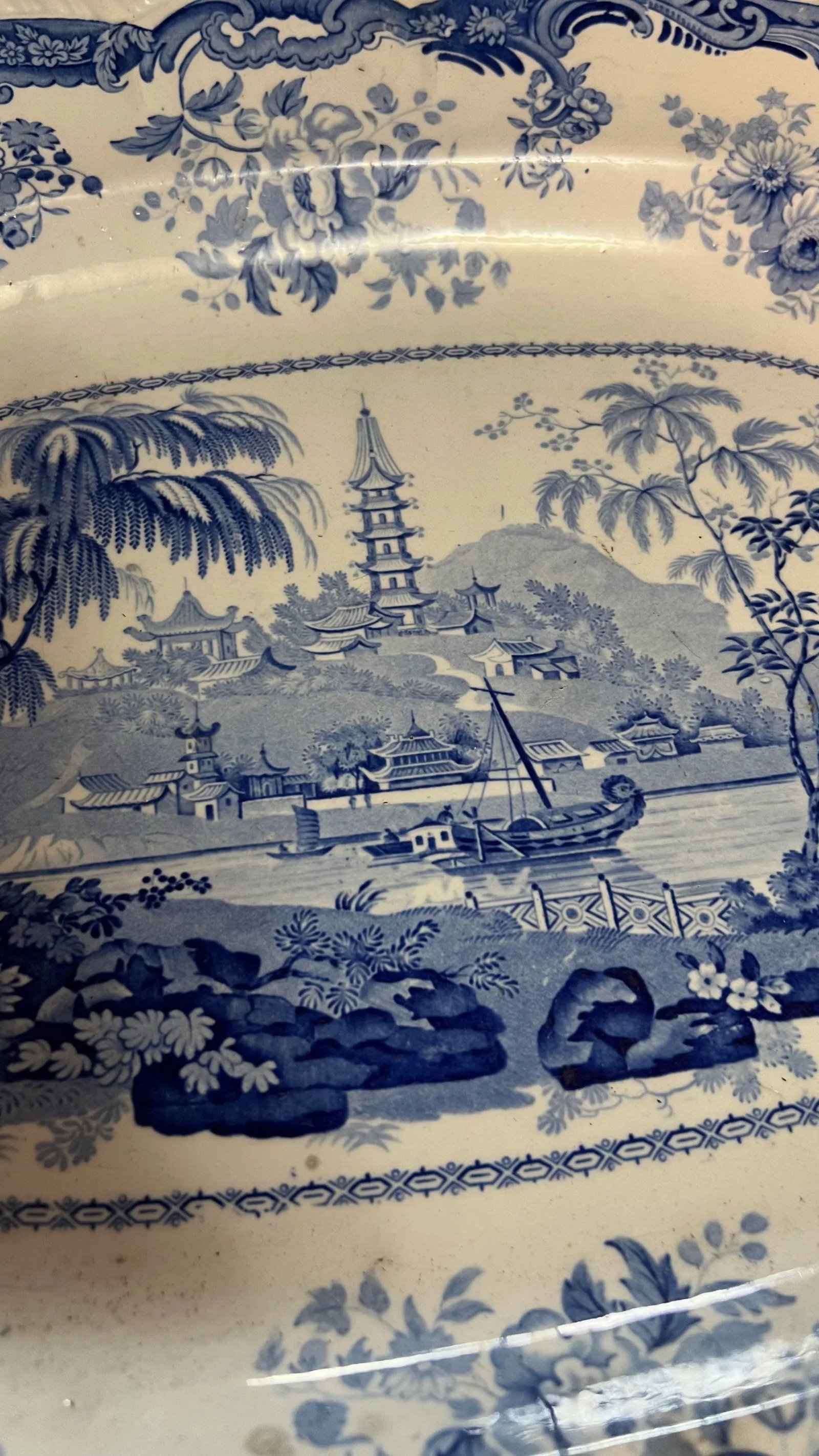 Antique English Staffordshire Blue Transfer Decorated Platter " Chinese Marine" - 7