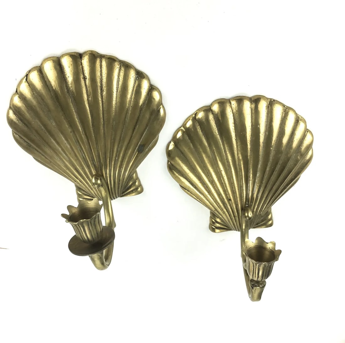 Solid Brass Scallop Shaped Candle Stick Wall Sconces a Pair - 2