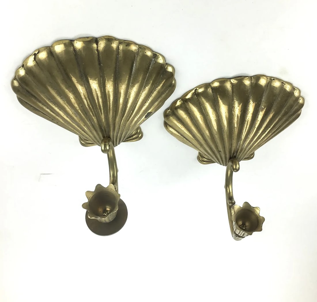 Solid Brass Scallop Shaped Candle Stick Wall Sconces a Pair - 3