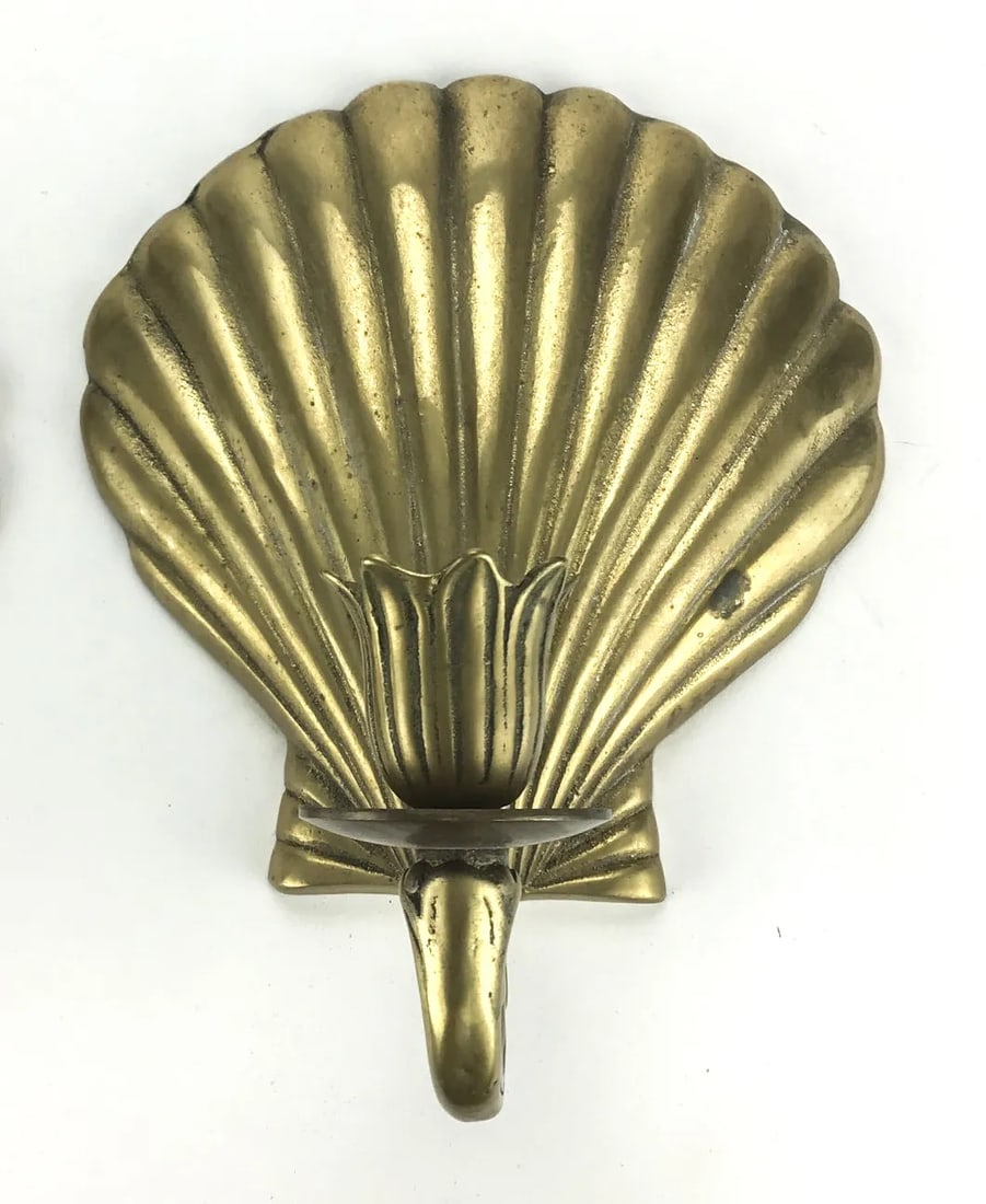 Solid Brass Scallop Shaped Candle Stick Wall Sconces a Pair - 4
