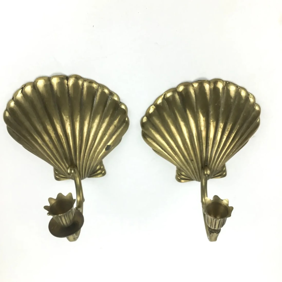 Solid Brass Scallop Shaped Candle Stick Wall Sconces a Pair - 5
