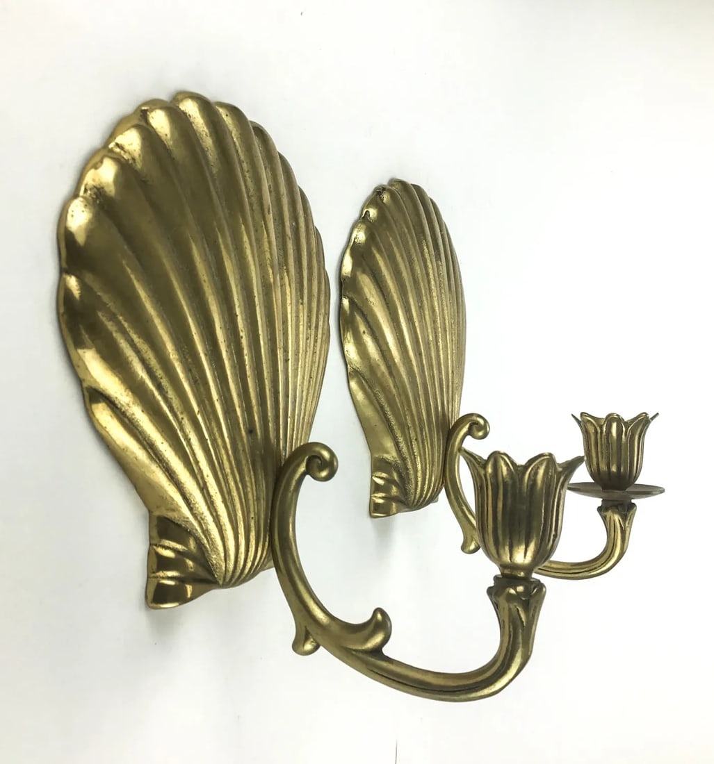 Solid Brass Scallop Shaped Candle Stick Wall Sconces a Pair - 6