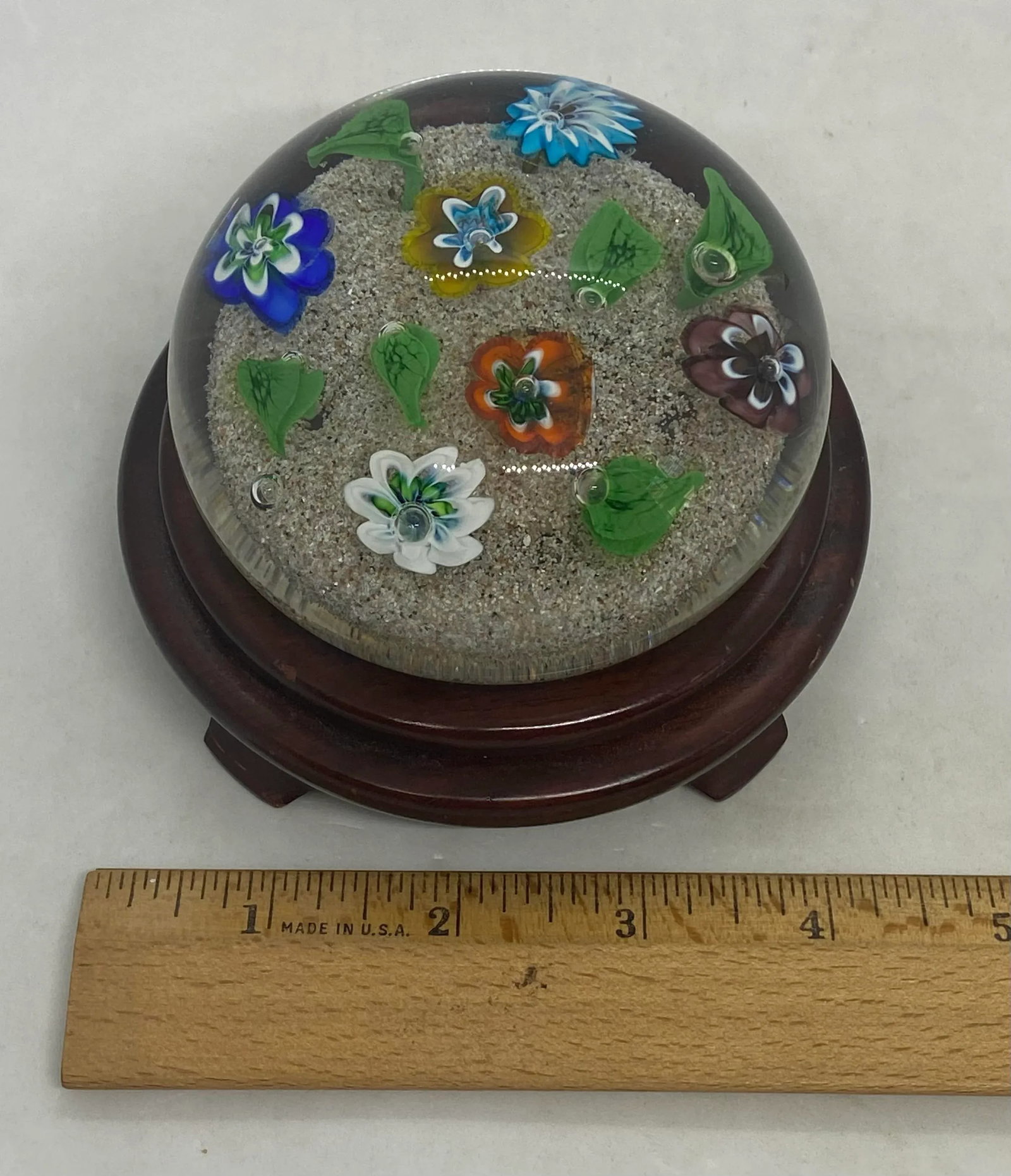 Vintage Ferro & Lazzarini Murano Italy Flower Garden Glass Paperweight With Round Wood Stand - 10