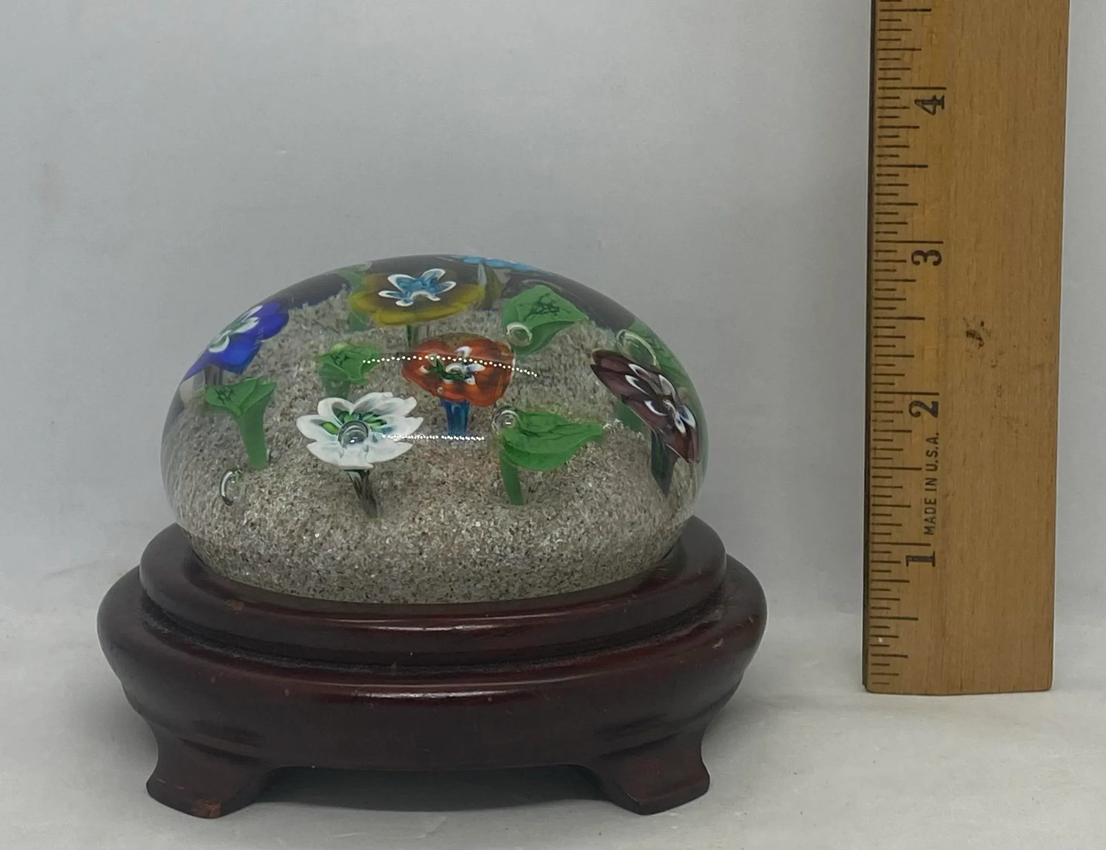 Vintage Ferro & Lazzarini Murano Italy Flower Garden Glass Paperweight With Round Wood Stand - 11