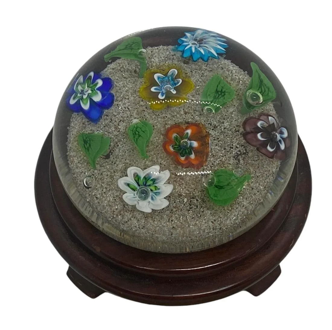 Vintage Ferro & Lazzarini Murano Italy Flower Garden Glass Paperweight With Round Wood Stand - 12