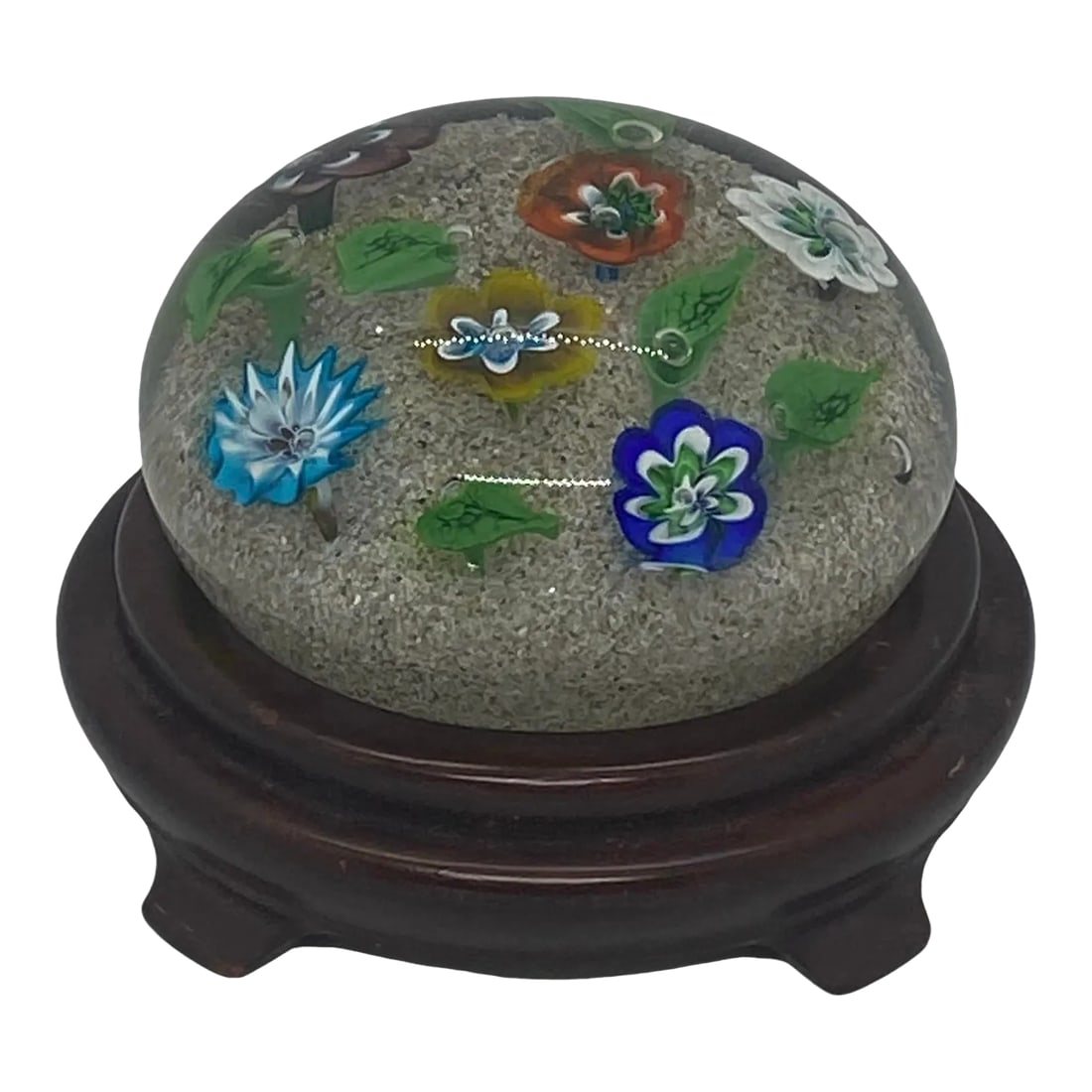 Vintage Ferro & Lazzarini Murano Italy Flower Garden Glass Paperweight With Round Wood Stand: Beautiful vintage Ferro & Lazzarini Murano Italy Flower Garden Glass Paperweight with Round Wood Stand. I believe this paperweight was made in the late 1960's. It is in excellent vintage condition
