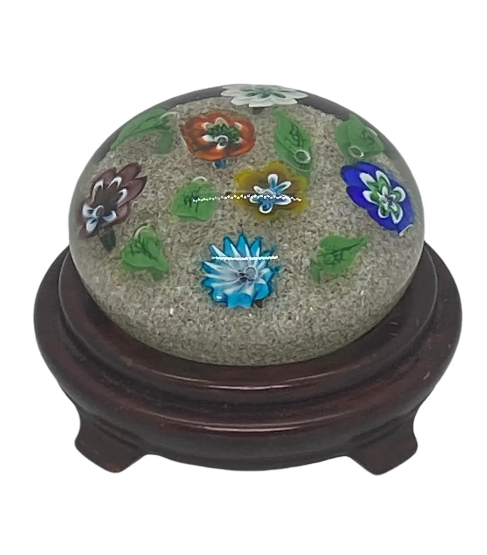 Vintage Ferro & Lazzarini Murano Italy Flower Garden Glass Paperweight With Round Wood Stand - 2