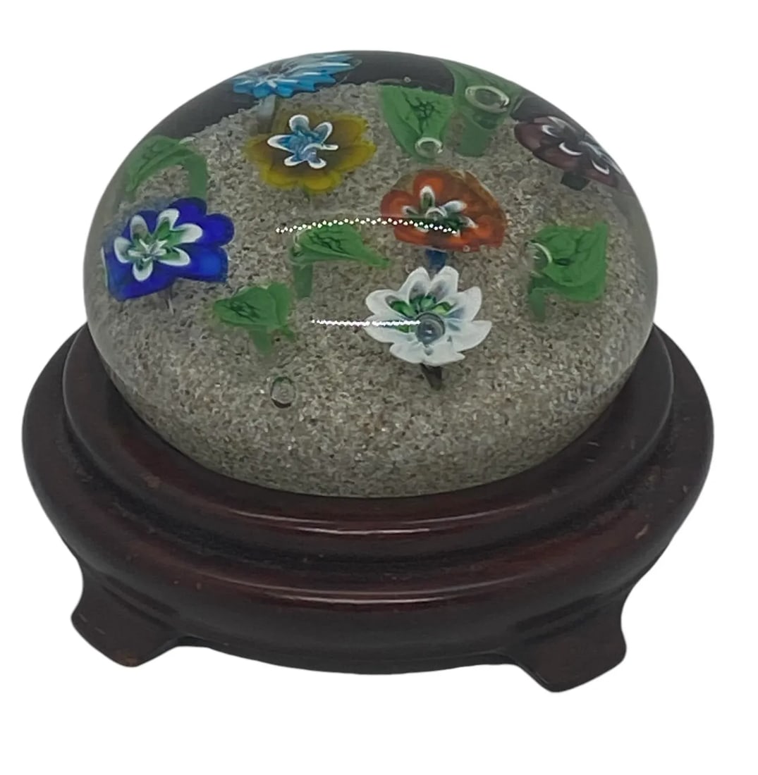 Vintage Ferro & Lazzarini Murano Italy Flower Garden Glass Paperweight With Round Wood Stand - 3