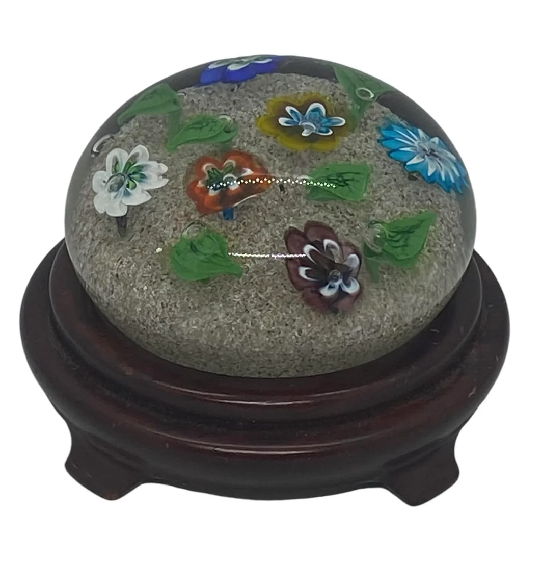 Vintage Ferro & Lazzarini Murano Italy Flower Garden Glass Paperweight With Round Wood Stand - 4