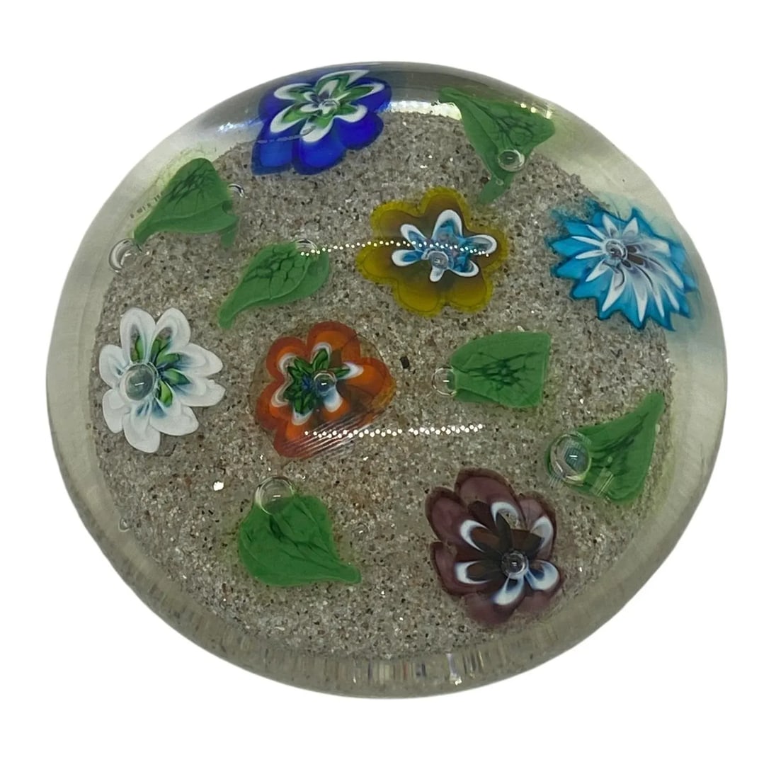 Vintage Ferro & Lazzarini Murano Italy Flower Garden Glass Paperweight With Round Wood Stand - 7