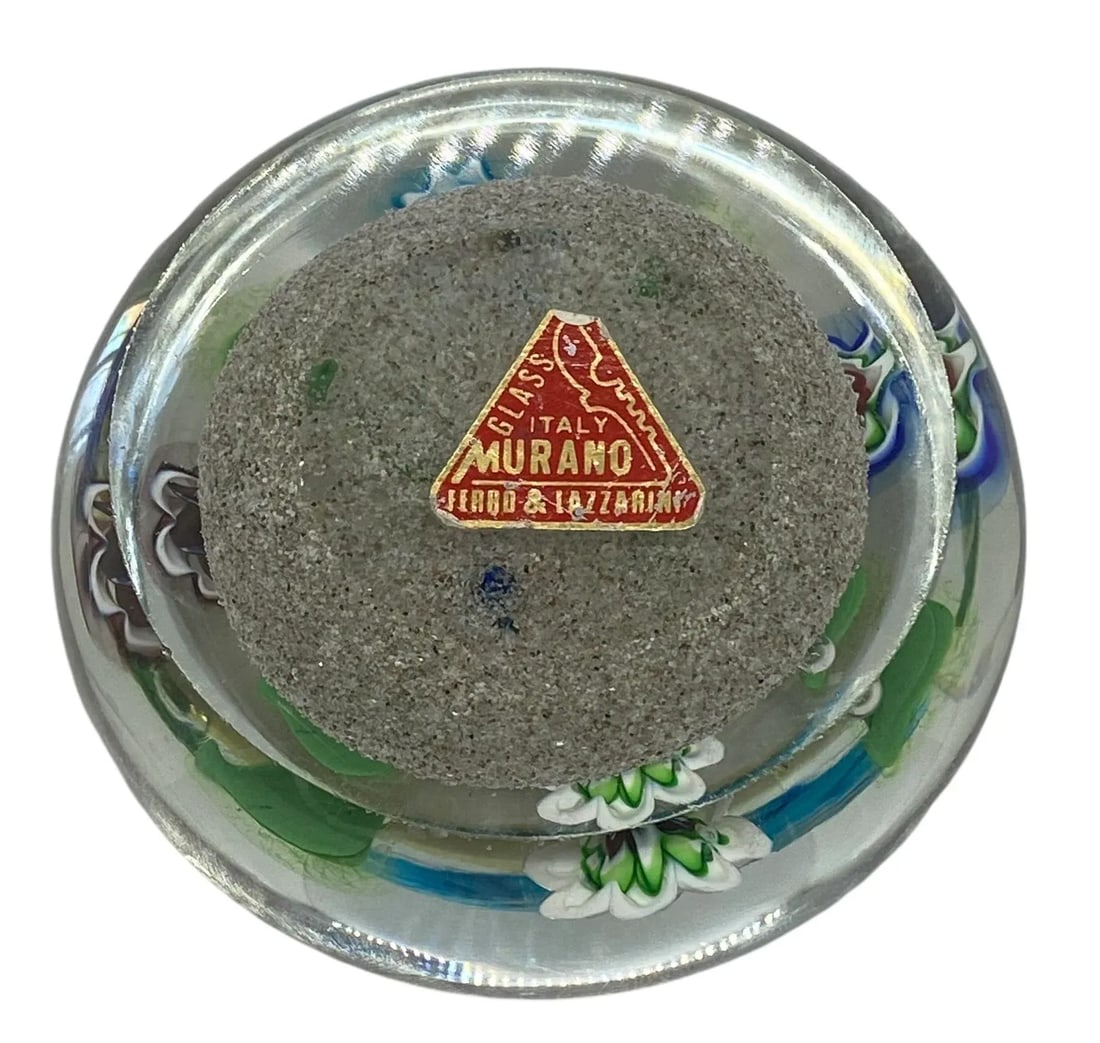 Vintage Ferro & Lazzarini Murano Italy Flower Garden Glass Paperweight With Round Wood Stand - 8