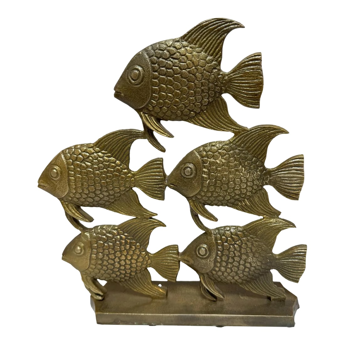 Vintage Brass School of Fish Sculptural Table Decor: Dimensions: 11" W x 2.5" D x 12" H Features: * Elegant finish and timeless style * One-of-a-kind piece * Sustainably sourced materials used * Durable construction for long-lasting use *