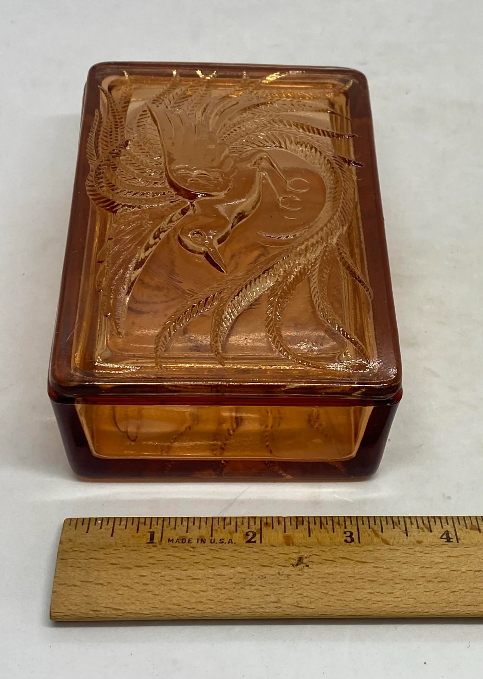Vintage Indiana Glass Company Tiara Glass Amber Trinket Box With Bird of Paradise Design - 10