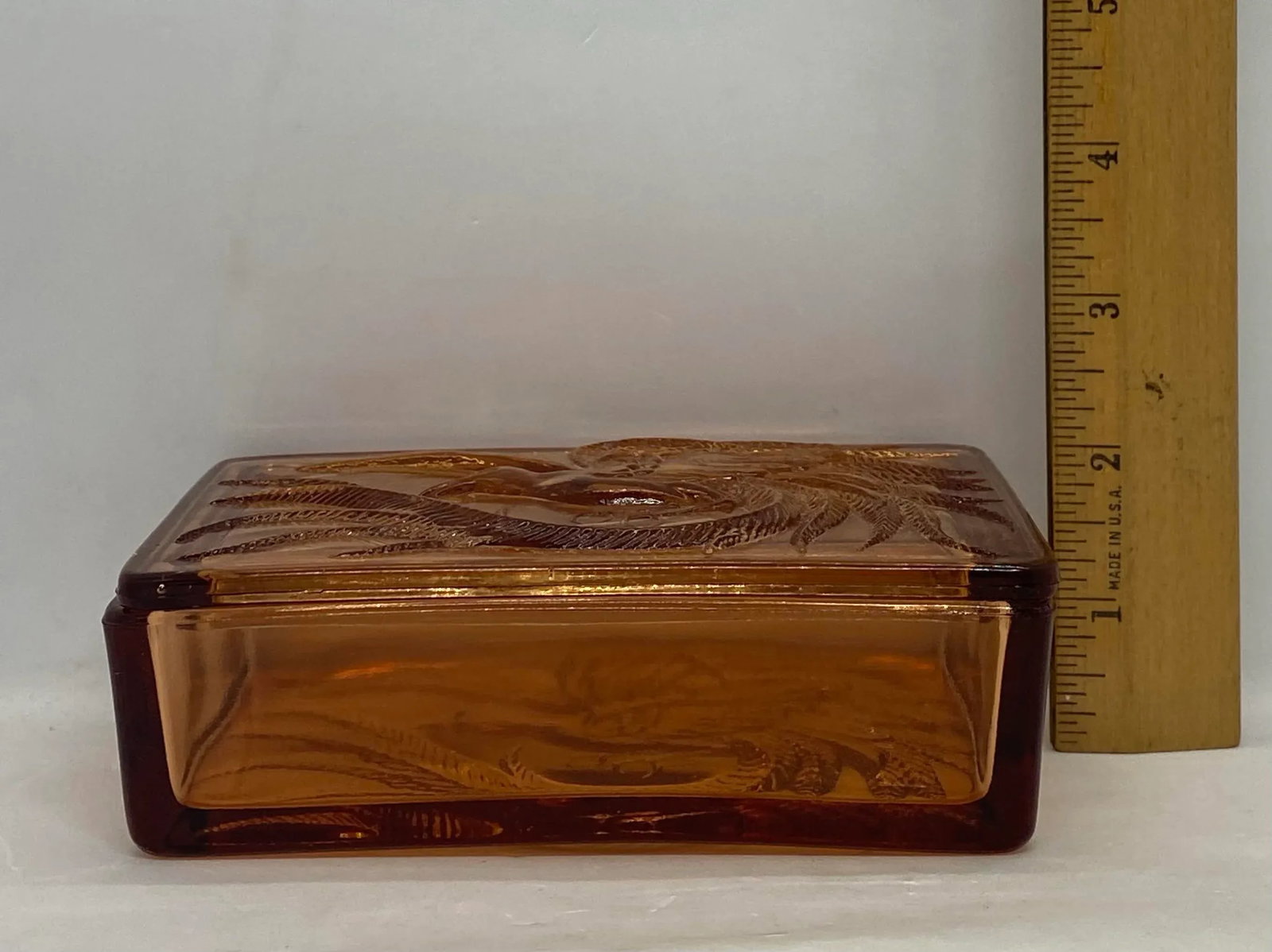 Vintage Indiana Glass Company Tiara Glass Amber Trinket Box With Bird of Paradise Design - 11
