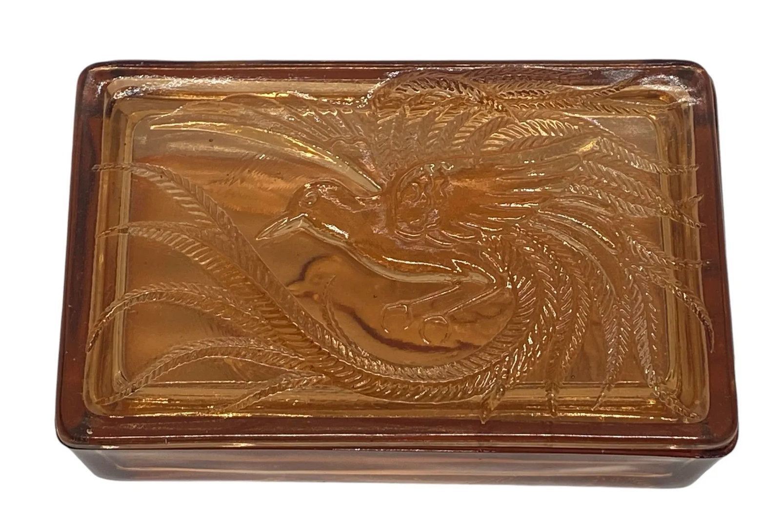 Vintage Indiana Glass Company Tiara Glass Amber Trinket Box With Bird of Paradise Design - 12