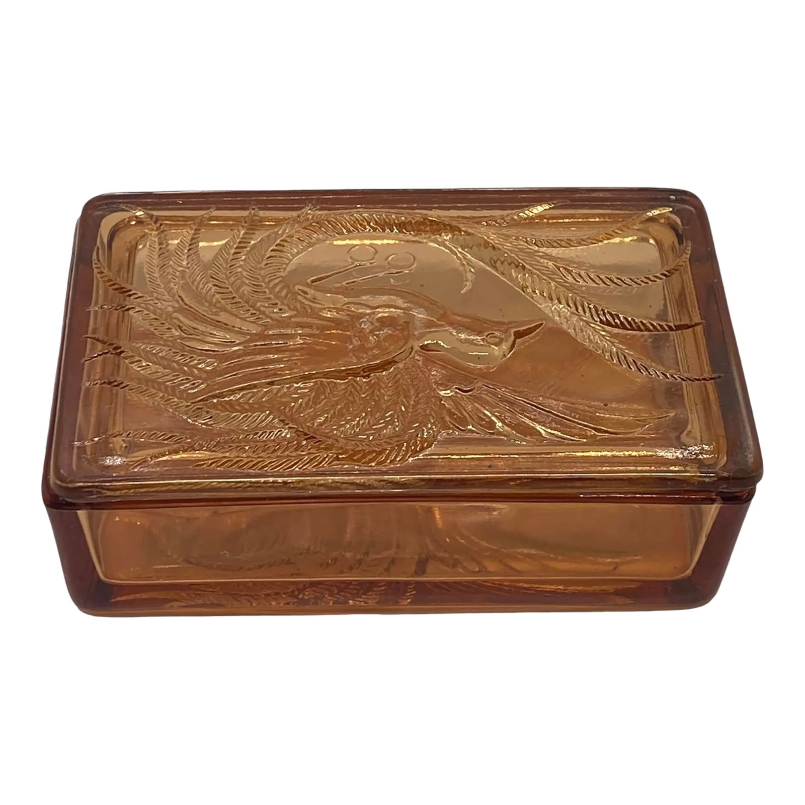 Vintage Indiana Glass Company Tiara Glass Amber Trinket Box With Bird of Paradise Design (1 of 12)