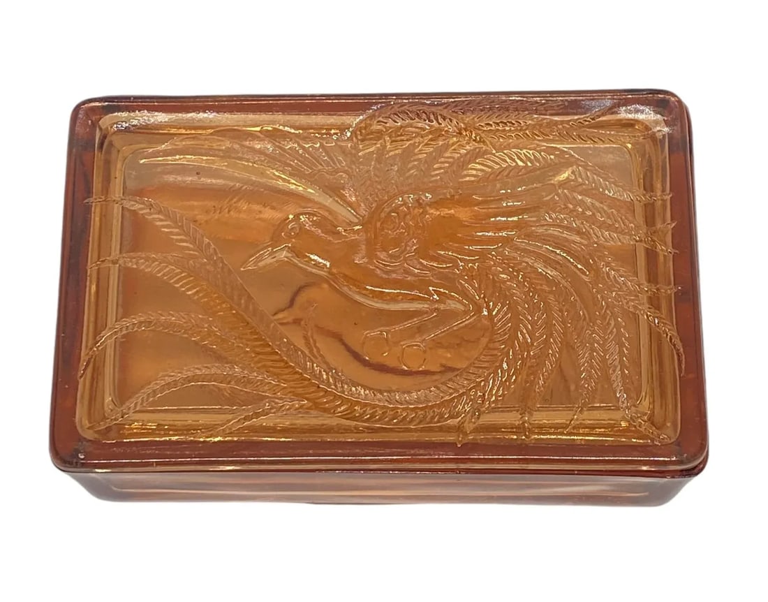 Vintage Indiana Glass Company Tiara Glass Amber Trinket Box With Bird of Paradise Design - 2