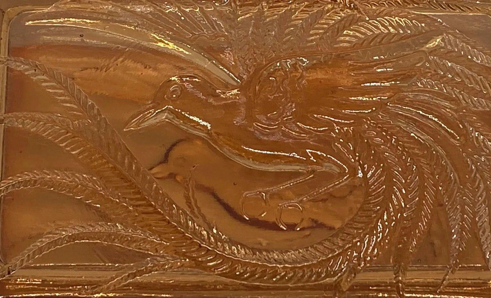 Vintage Indiana Glass Company Tiara Glass Amber Trinket Box With Bird of Paradise Design - 3