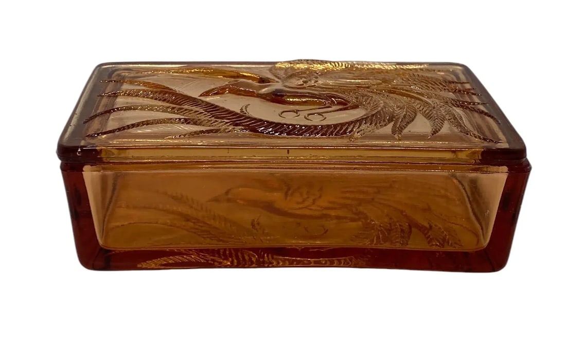 Vintage Indiana Glass Company Tiara Glass Amber Trinket Box With Bird of Paradise Design - 4