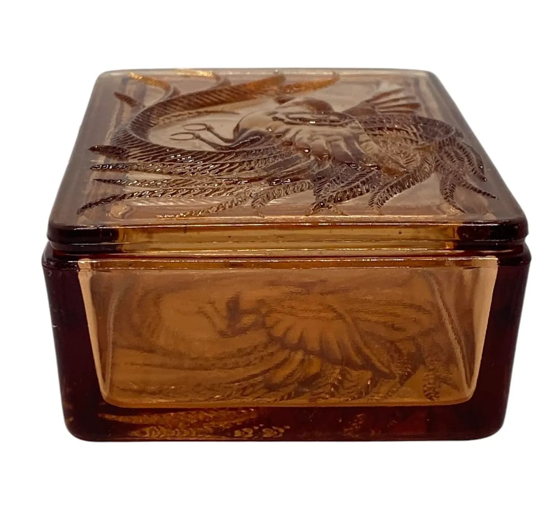 Vintage Indiana Glass Company Tiara Glass Amber Trinket Box With Bird of Paradise Design - 5
