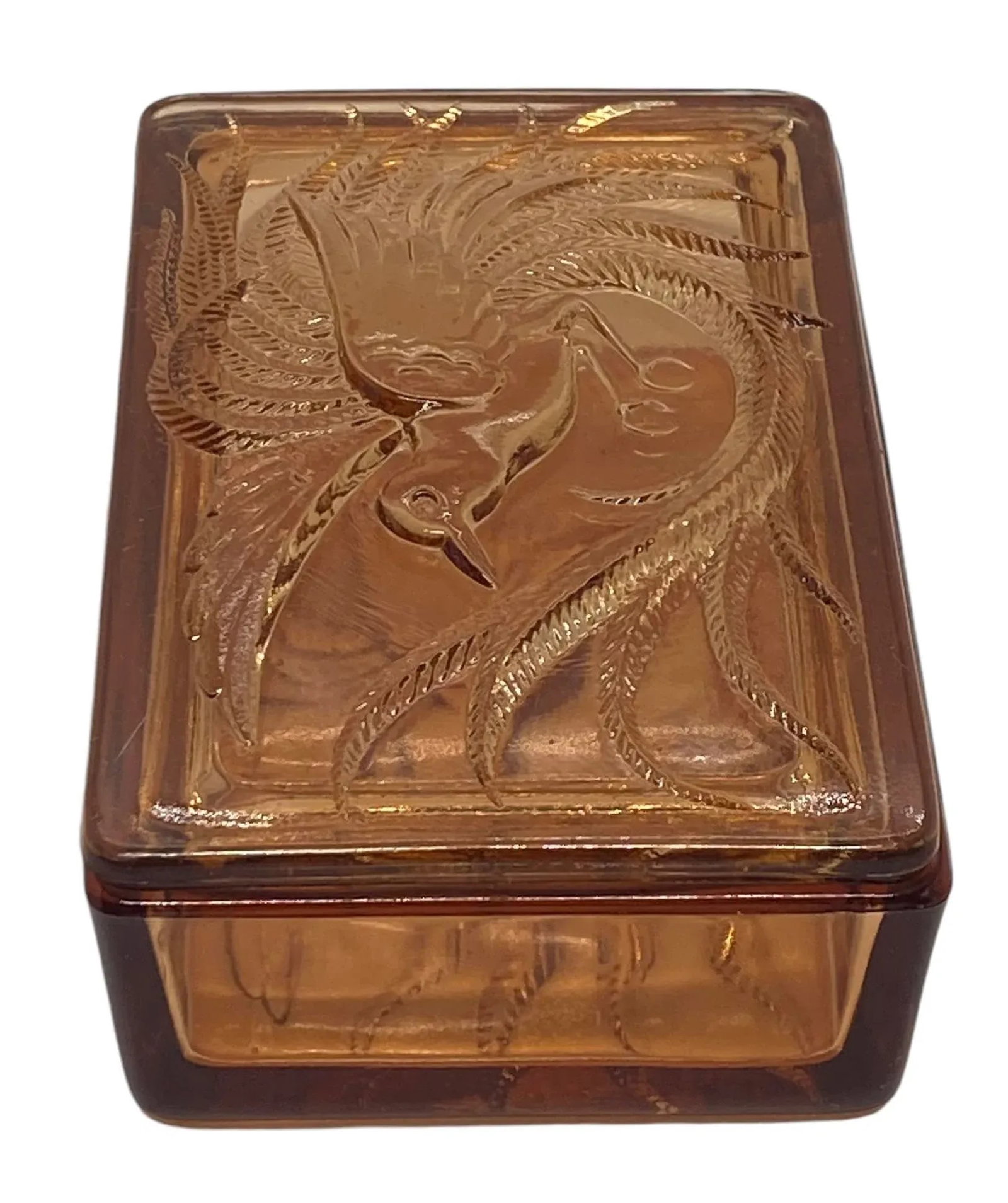 Vintage Indiana Glass Company Tiara Glass Amber Trinket Box With Bird of Paradise Design - 6