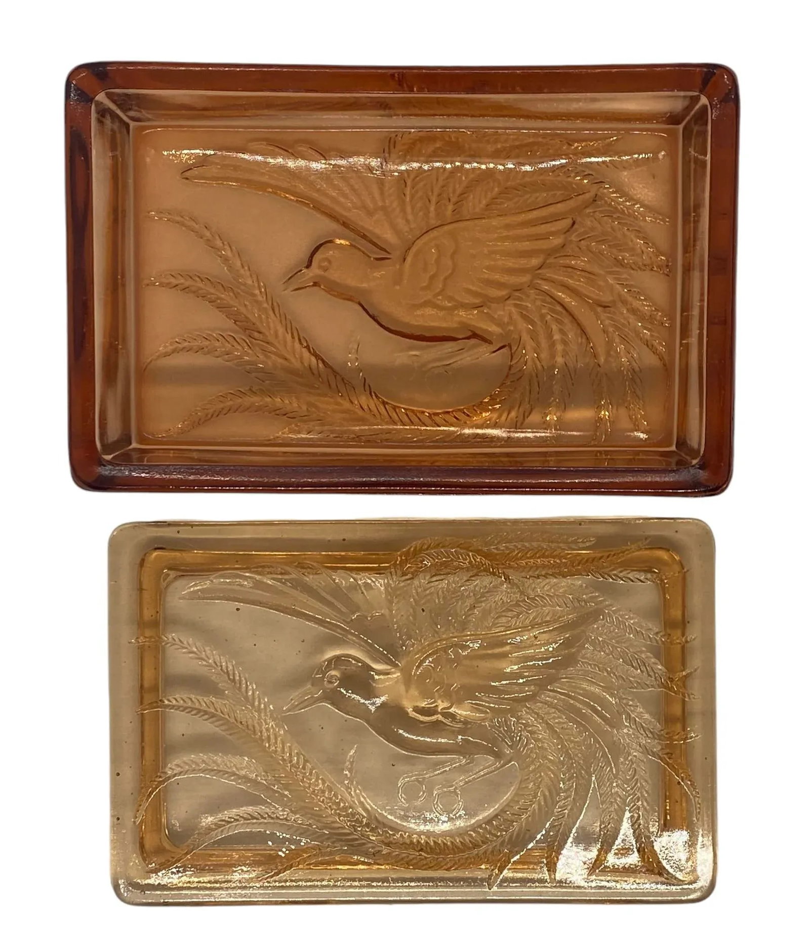 Vintage Indiana Glass Company Tiara Glass Amber Trinket Box With Bird of Paradise Design - 7