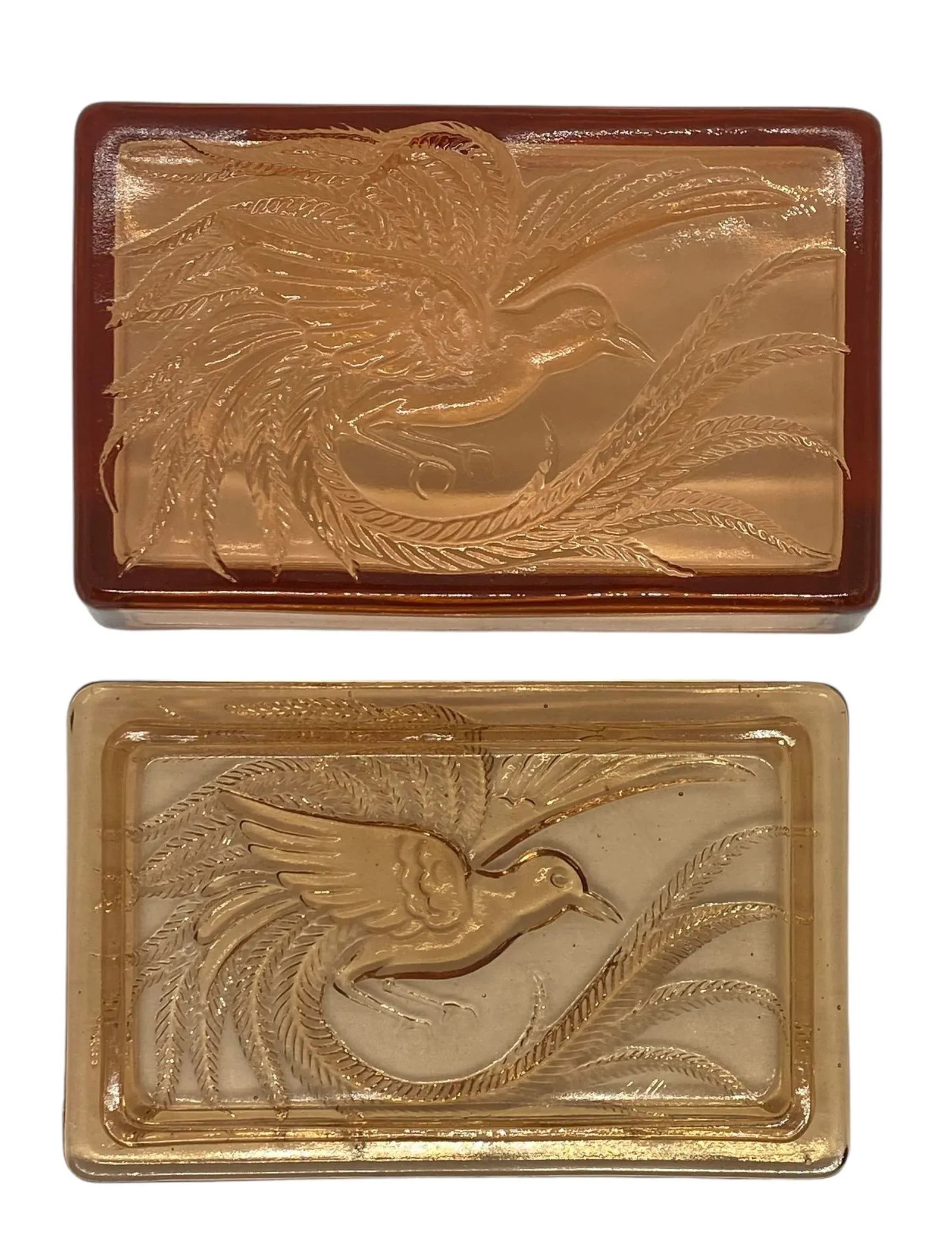 Vintage Indiana Glass Company Tiara Glass Amber Trinket Box With Bird of Paradise Design - 8