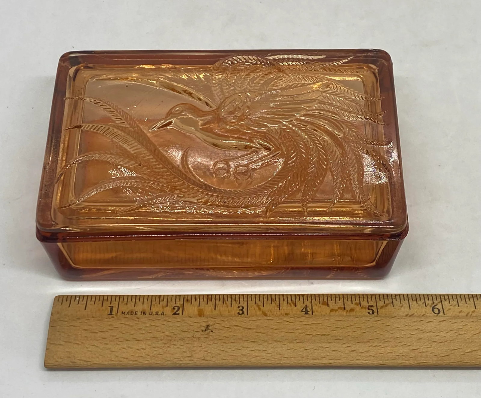 Vintage Indiana Glass Company Tiara Glass Amber Trinket Box With Bird of Paradise Design - 9