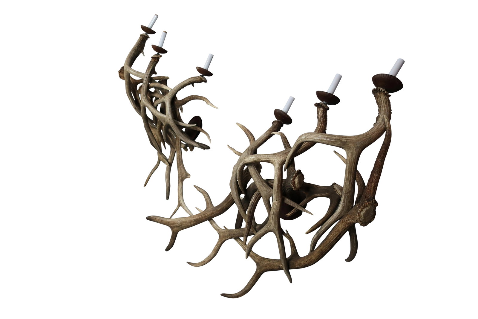 Antler Sconces - a Pair of 1970s Three Arm Deer Antler Sconces: Pair of Three-Light Deer Antler Sconces- Monumental in size all-natural from a Montana Estate Dimensions - 43"L X 29" W X 17" D Completely rewired and ready for installation Perfect for a mountain or 