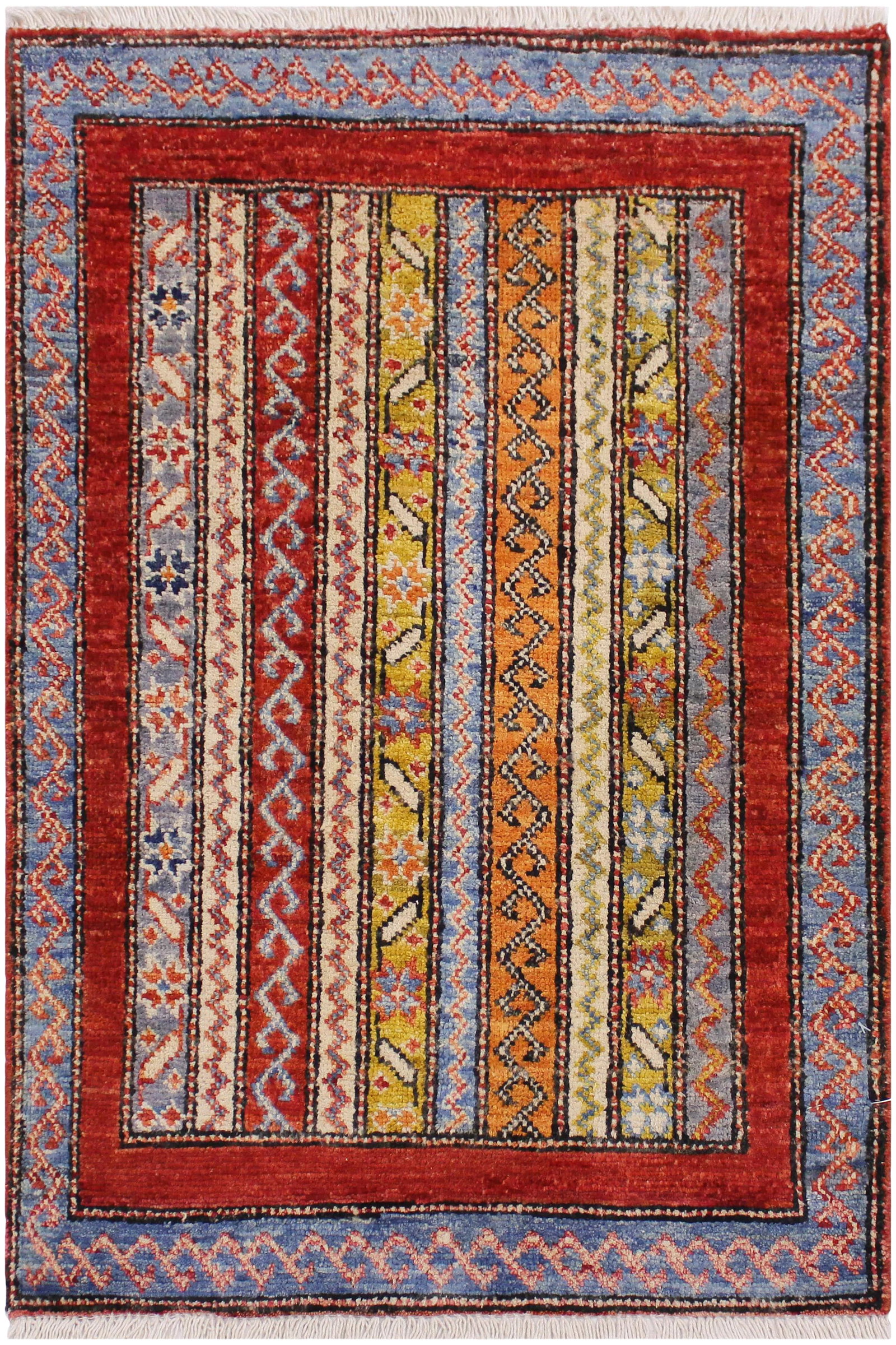 1990s Shabby Chic Vintage Tribal Khurgeen Steffen Rust Wool Rug - 1'11'' * 2'11'': Designed with a mesmerizing intricate transitional and geometric motif this glorious hand-knotted rug is a masterpiece that will fill any space with sophistication and grace. An exhilarating color