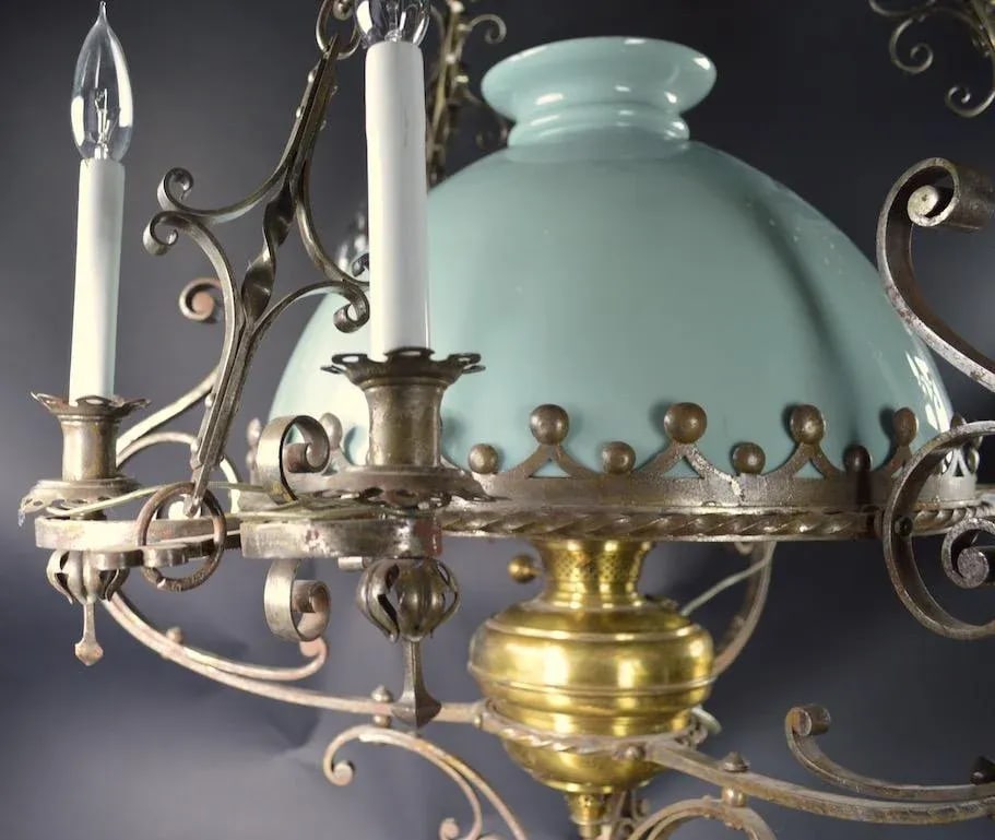 Steel Brass and Glass Oil Light Chandelier in the Spanish Style - 10