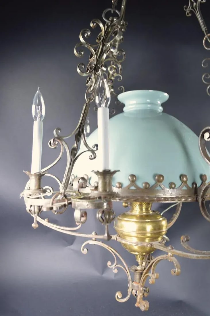 Steel Brass and Glass Oil Light Chandelier in the Spanish Style - 11
