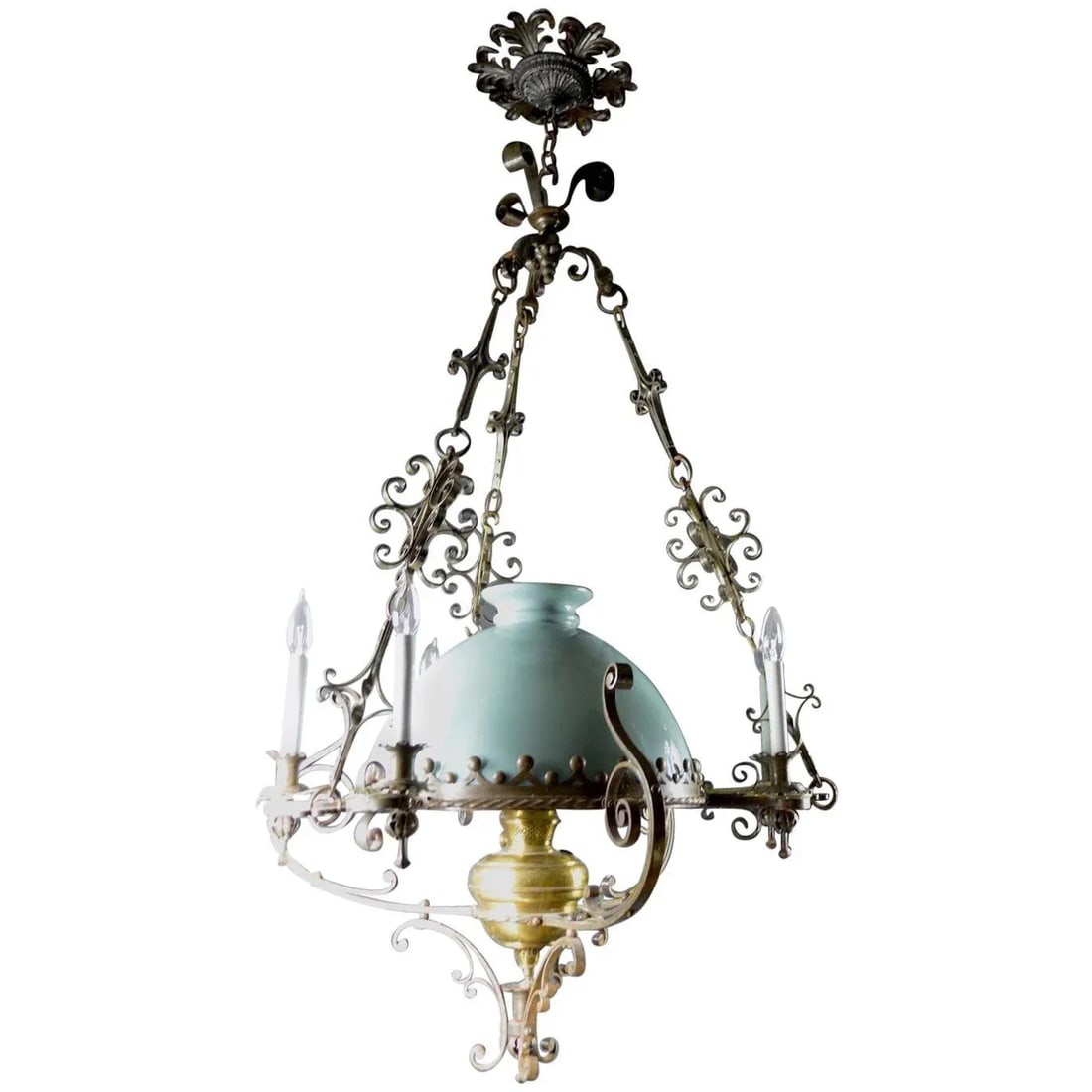 Steel Brass and Glass Oil Light Chandelier in the Spanish Style - 12